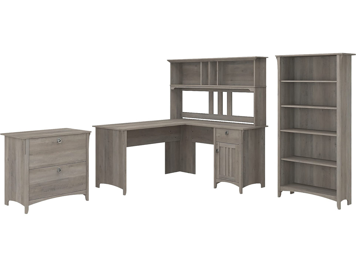 Bush Business Furniture Salinas 60W L-Shaped Desk Set with Hutch, File Cabinet & Bookcase in Driftwood Gray Bush Business Furniture
