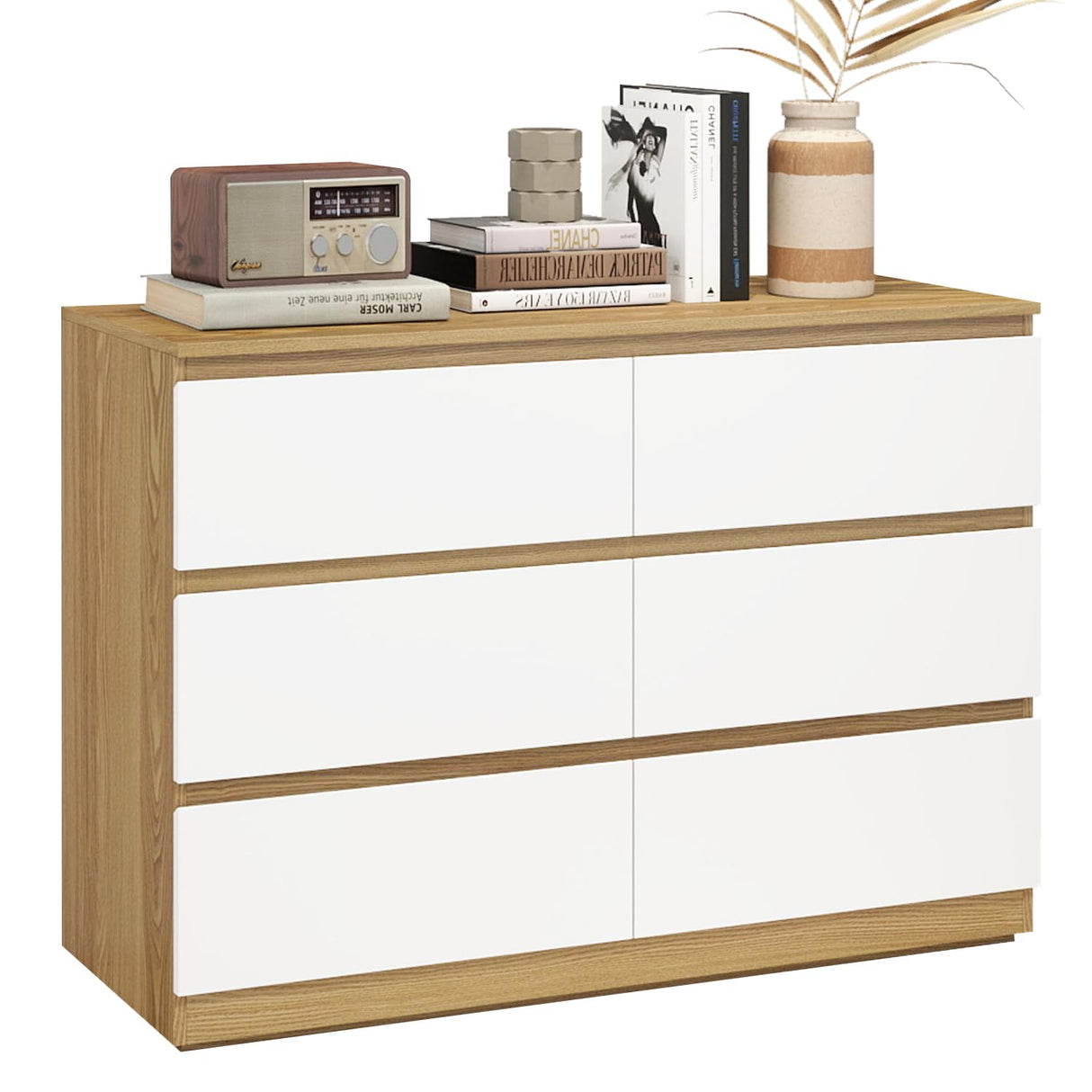 YIGOBUY 6 Drawer Double Dresser, Modern White Wood Chest of Drawers, Wide Natural Wood Dresser for Bedroom, Nursery, Living Room, Large Storage Cabinet YIGOBUY