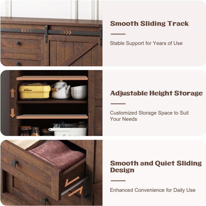 GlouMod Farmhouse Dresser for Bedroom, 60" Long Dresser with 4 Drawers & Sliding Barn Door, Wide Wood Dresser, Tall TV Stand for Living Room, Buffet Cabinet with Storage Chest, Brown GlouMod