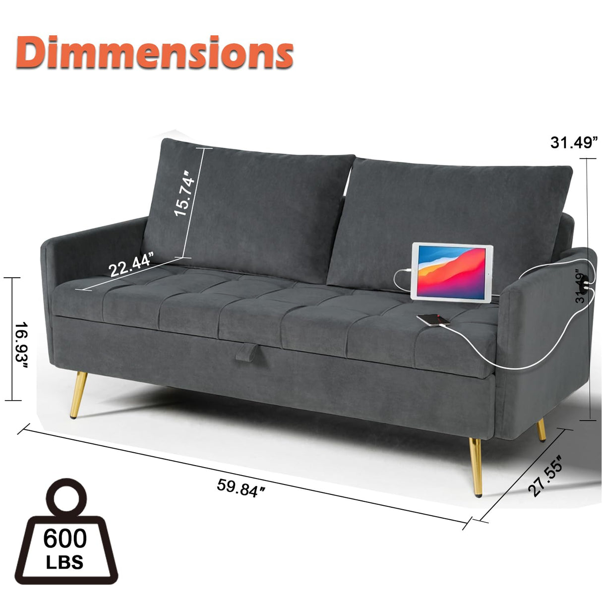 LINLUX 60" W Velvet Loveseat Sofa Couch with Storage, Small Love Seat Couches for Bedroom, Living Room, Office, Dorm, Comfy Cushion, 2 USB Charging Ports, Dark Grey LINLUX