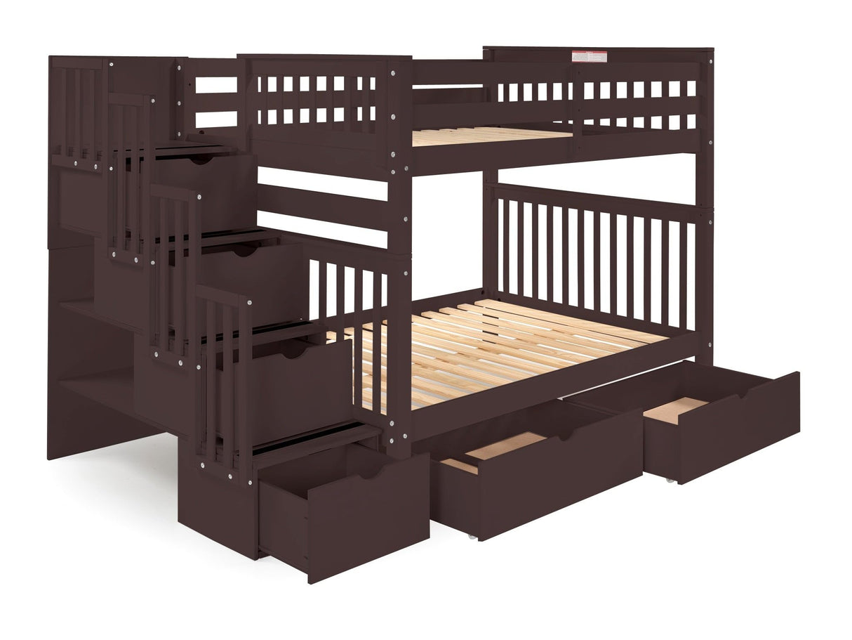 Bedz King Stairway Bunk Beds Full Over Full with 4 Drawers in The Steps and 2 Under Bed Drawers, Dark Cherry Bedz King