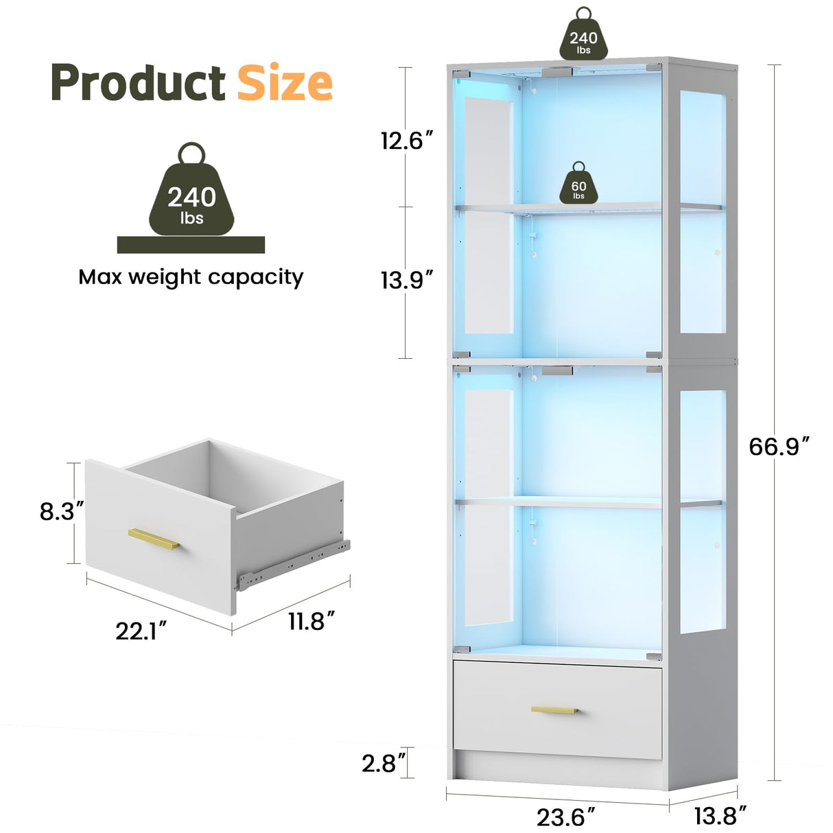 Lamtor Display Cabinet with Glass Doors - 67" Curio Cabinet with RGB LED Lights and Drawer for Collectibles, 4 Tier Glass Display Case for Living Room, Office, White (Narrow) Lamtor