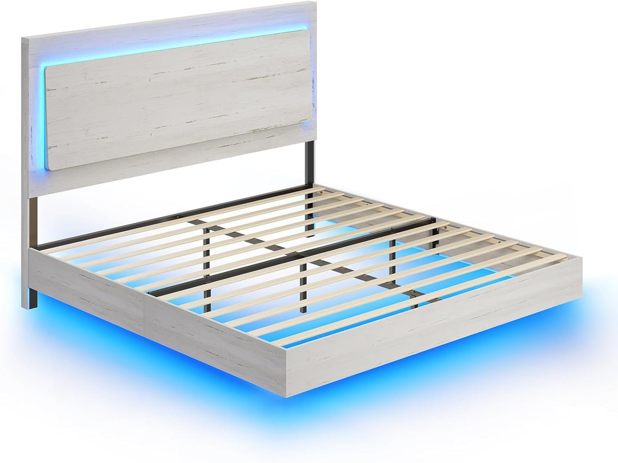 AMERLIFE Distressed White Floating Queen Bed Frame with Reclining Headboard and RGB LED Lighting AMERLIFE