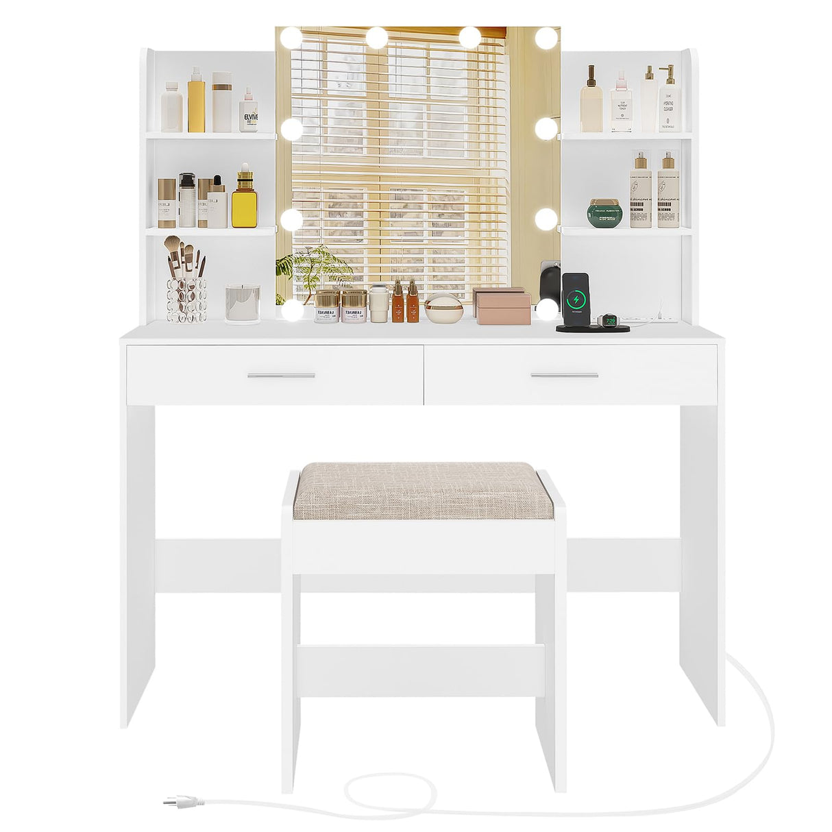 FIONESO Vanity Desk, Makeup Vanity Desk with Mirror & Lights, Vanity Desk with 2 Drawers & 6 Storage Shelves, Dressing Table with Power Outlet, for Women Girls, Bedroom, White FIONESO