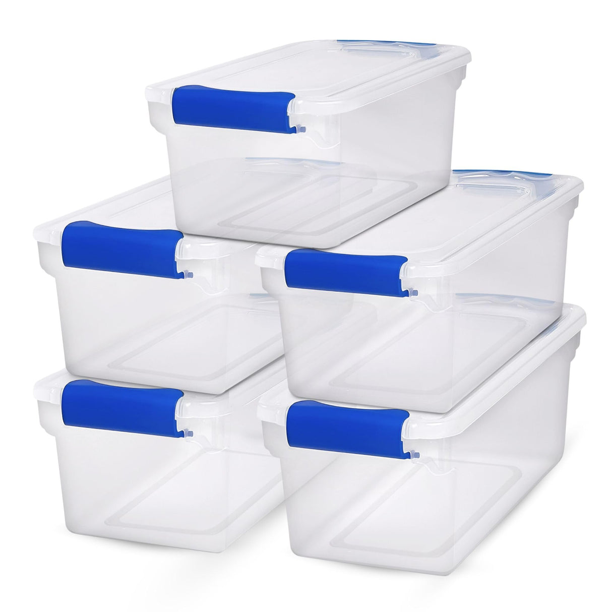 HOMZ 5-Pack Latching Lid, Clear Plastic Storage Organizer Bins, 7.5 Quart, Blue Latch - Stackable Organizing Containers for Home, Garage, and Office HOMZ