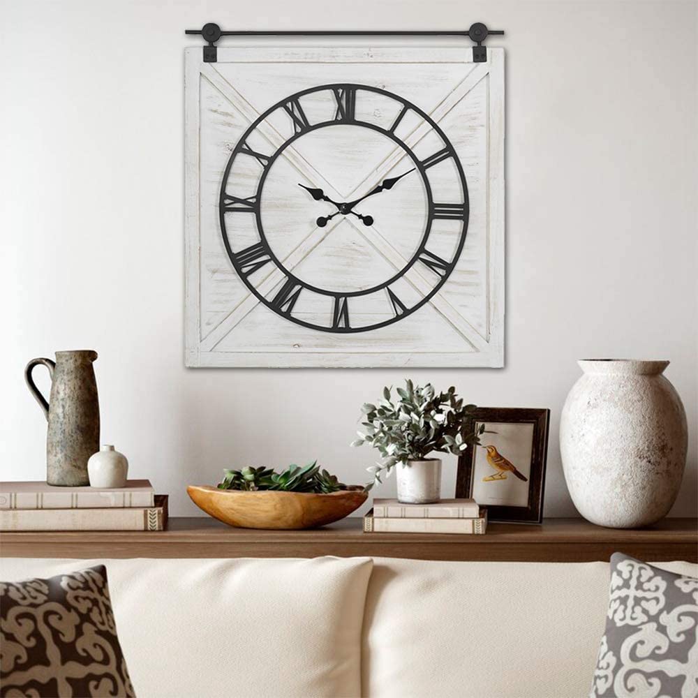 FLORA Large Farmhouse Wall Clock,Rustic Barn Door Wall Clocks for Living Room Decor, Battery Operated 29.5" H x 27" W, Whitewash FLORA