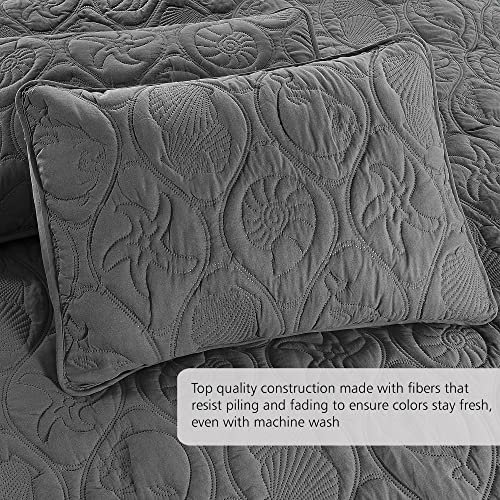 Pure Bedding Quilt Set Full/Queen Size Dark Grey - Oversized Bedspread - Soft Microfiber Coverlet for All Season - Includes 1 Quilt and 2 Shams, Ocean Star Pattern Pure Bedding
