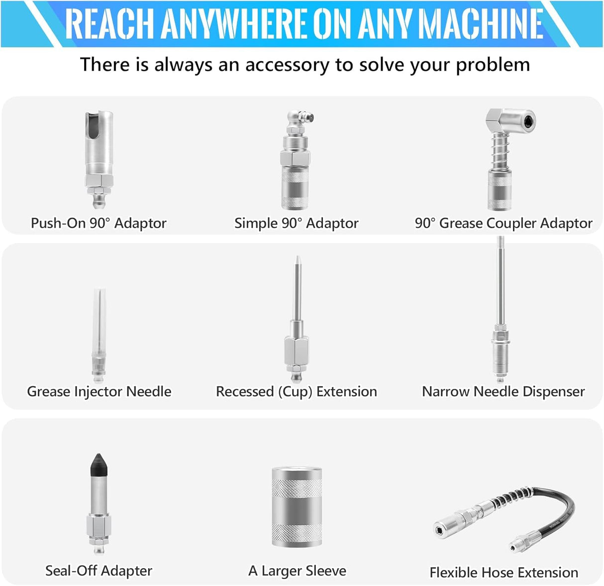 PONEYA 9 PCS Grease Gun Couplers, Quick Connect Greasing Accessory Kit with Grease Gun Tips 12" Flex Hose & Roll Up Case, Perfect for Quick Release Grease Couplers to Reach Any Grease Fitting PONEYA