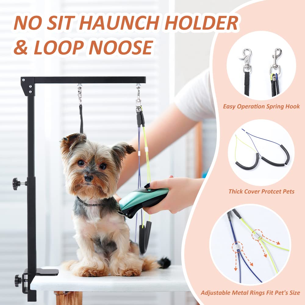 HIDOG Dog Grooming Arm with Clamp, Adjustable Dog Grooming Table Arm with Two No Sit Haunch Holder & Hammock Harness, Foldable Pet Grooming Supplies for Small Medium Dogs HIDOG