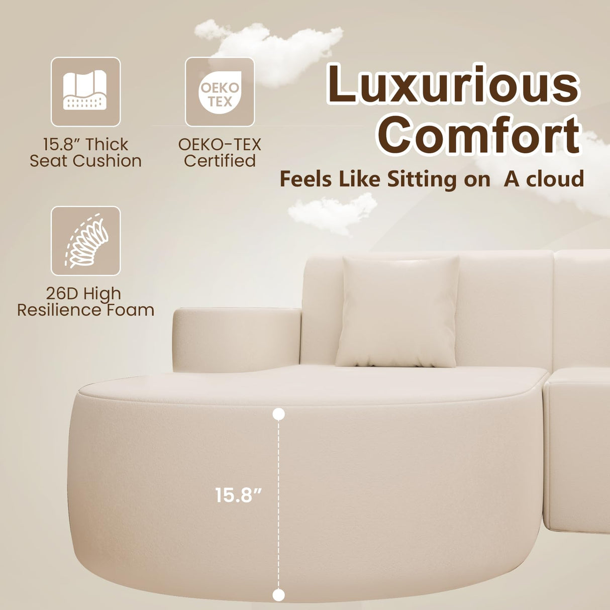 MELLCOM Modern Curved Boneless Sofa Couch, L-Shaped Corner Sofa, No Assembly Needed, Chenille Upholstered Cloud Sectional Couch for Living Room, Bedroom and Apartment (Beige, Left Hand Facing) MELLCOM