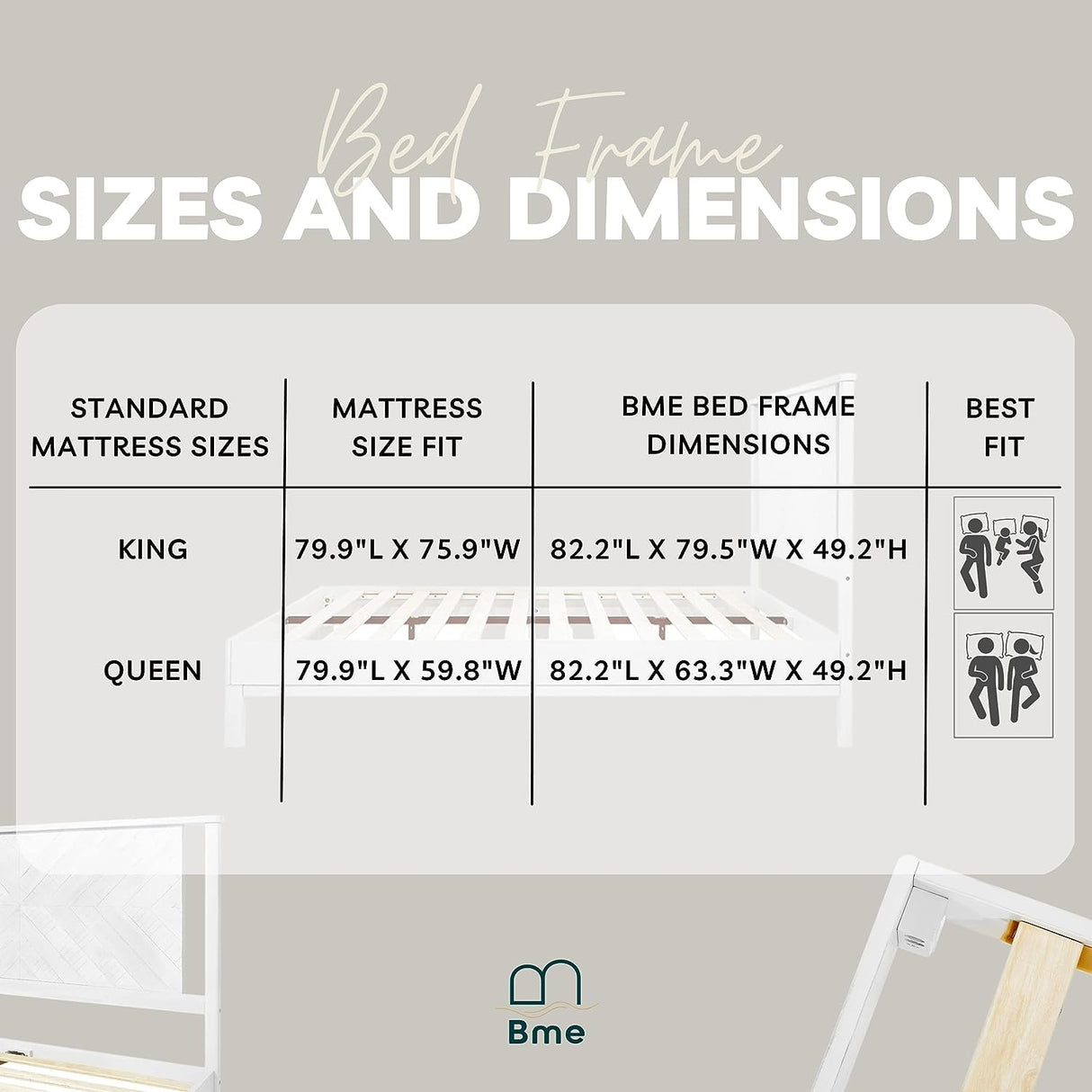 Bme Vivian 14 Inch Deluxe Bed Frame with Headboard, Rustic & Scandinavian Style with Solid Acacia Wood, No Box Spring Needed, 12 Strong Wood Slat Support, Easy Assembly, King, Rustic White Bme