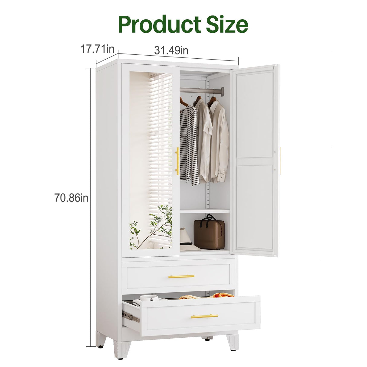 winiowa Metal Armoire Wardrobe Closet with 2 Drawers, 71" Wardrobe Cabinet with Adjustable Shelves and Hanging Rod, Clothing Storage Cabinet Closet with Mirror for Bedroom-White winiowa