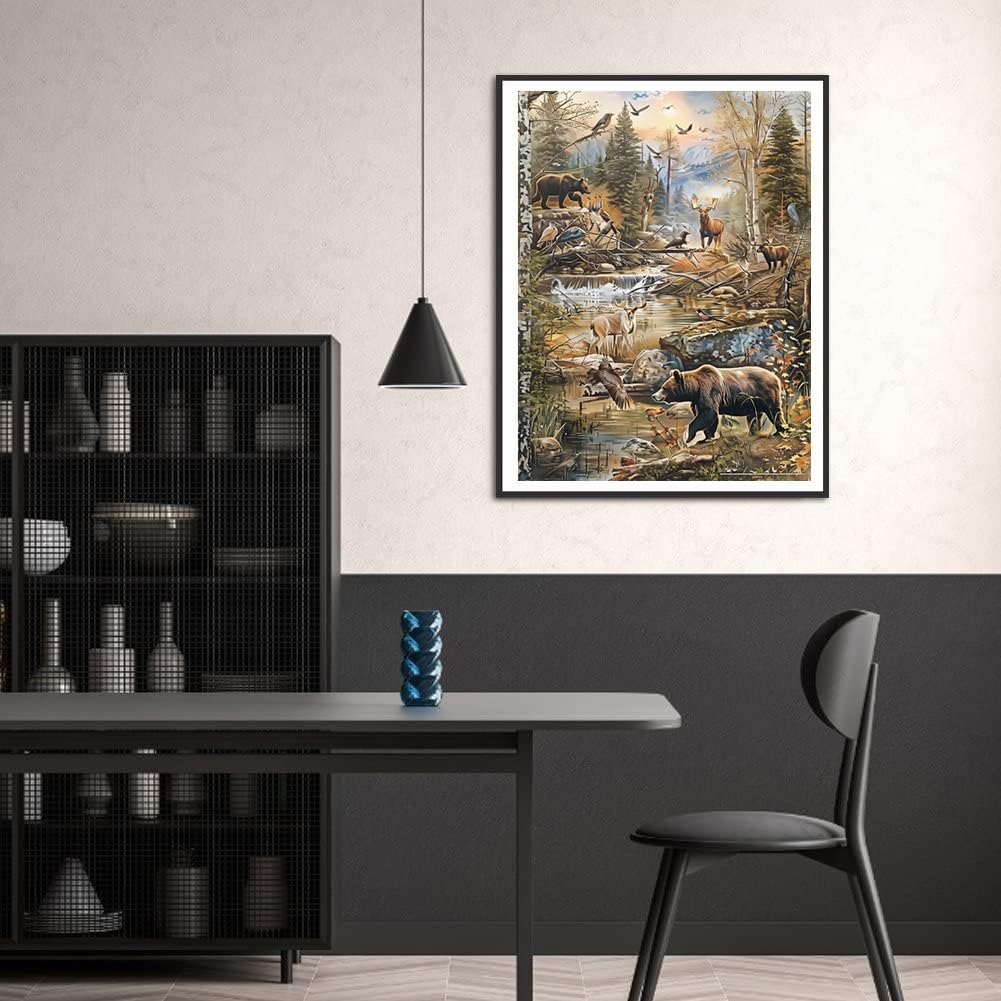 MaiYiYi Wild Forest Diamond Painting by Numbers, 5D Full Round Drill Black Bear Diamond Painting Cross Stitch Kit, Elk Crystal Diamond Painting Set for Adult Beginners Wall Art Decor (35X45 CM) MaiYiYi