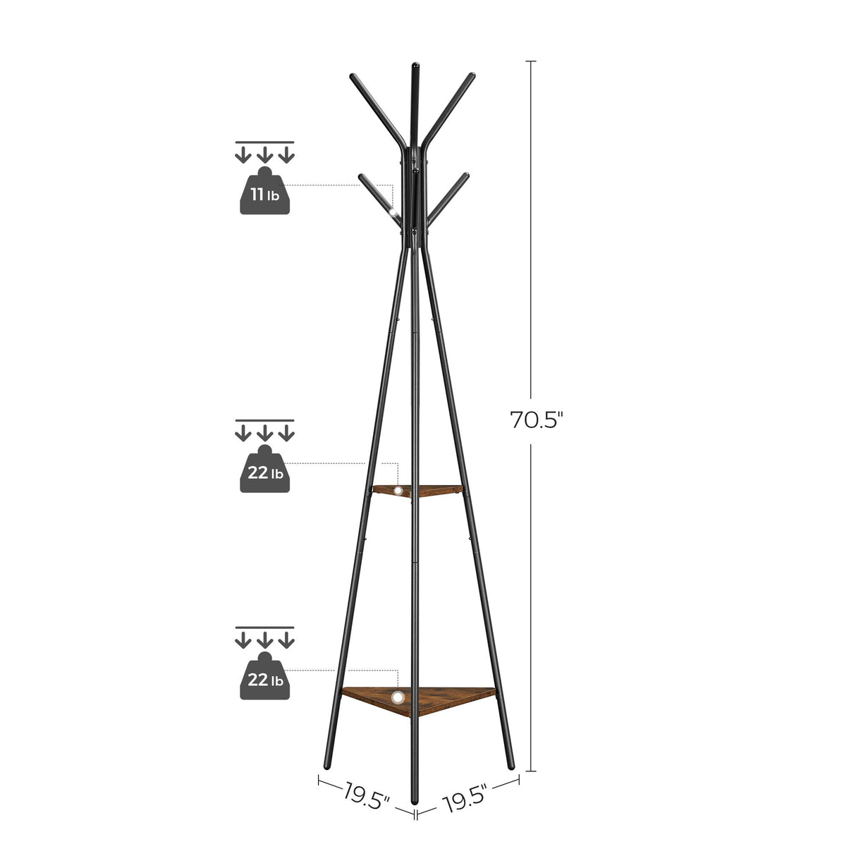 VASAGLE Coat Rack Freestanding, Coat Hanger Stand, Hall Tree with 2 Shelves, for Clothes, Hat, Bag, Industrial Style, Rustic Brown and Black URCR16BX VASAGLE