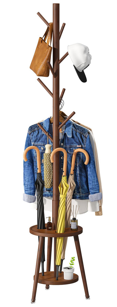 Vriccc Bamboo Wood Coat Rack, Coat Rack with Umbrella Holder, Adjustable Height Wooden Coat Stand with 8 Hooks, kids coat rack, Used In The Bedroom Living Room, Office To Hang Clothes, Hats, Bags