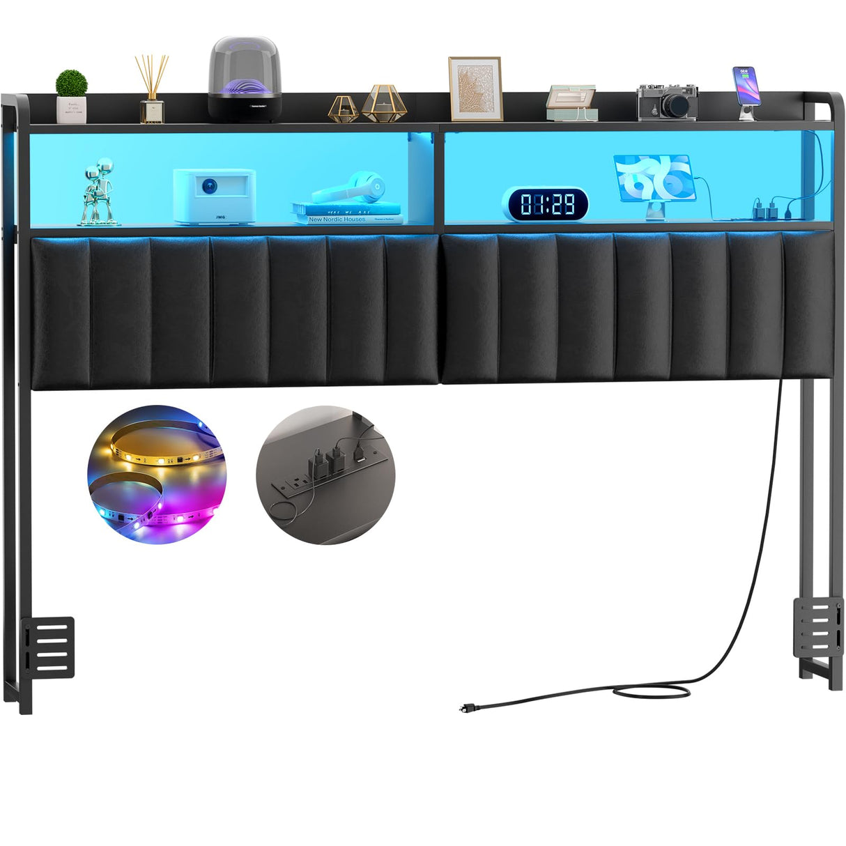 Aheaplus Queen Size Upholstered Headboard with USB Ports, Outlets, LED Lights, and Storage – Black Aheaplus