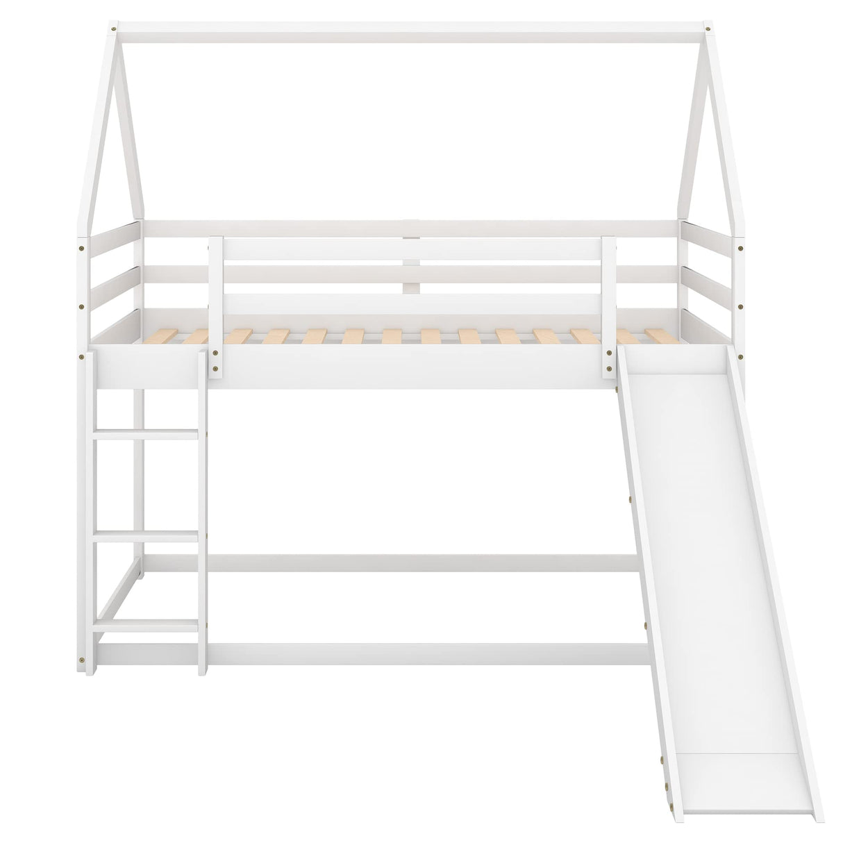 Bellemave Twin Over Twin House Bunk Bed with Slide,Floor Bunk Beds with Ladder for Kids,Solid Wood Twin Size Low Bunk Bed for Girls Boys Bellemave