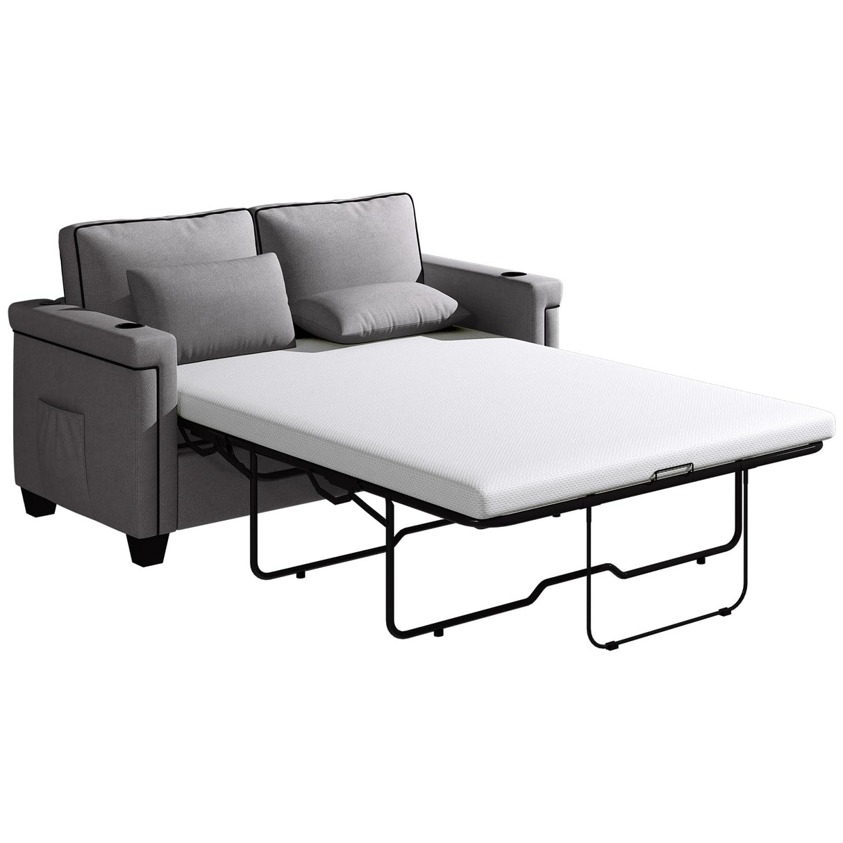 Fadware Pull Out Sofa Bed, Full Size Sleeper Sofa Couch with Memory Foam Mattress, 2 in 1 Convertible Pullout Couch Bed with USB Charging Ports for Compact Living Space, Apartment, Office, Grey Fadware