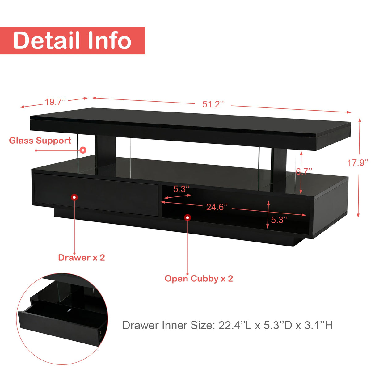 Modern LED Coffee Table with Storage, High Gloss Cocktail Center Table with Drawers, Display Shelves & LED Lights for Living Room, 51.2’’, Black Amposei