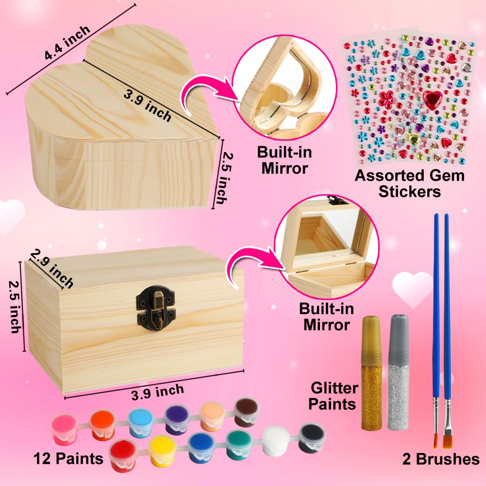 Crafts for Girls 8-12, 2 Pack DIY Wooden Jewelry Box Art Craft Supplies Painting Kit for Kids Ages 4-6 6-8 5 7 9 10 11 Year Old Girl Birthday Party Favors Toys Mothers Valentines Day Gifts SUPREME XMAS