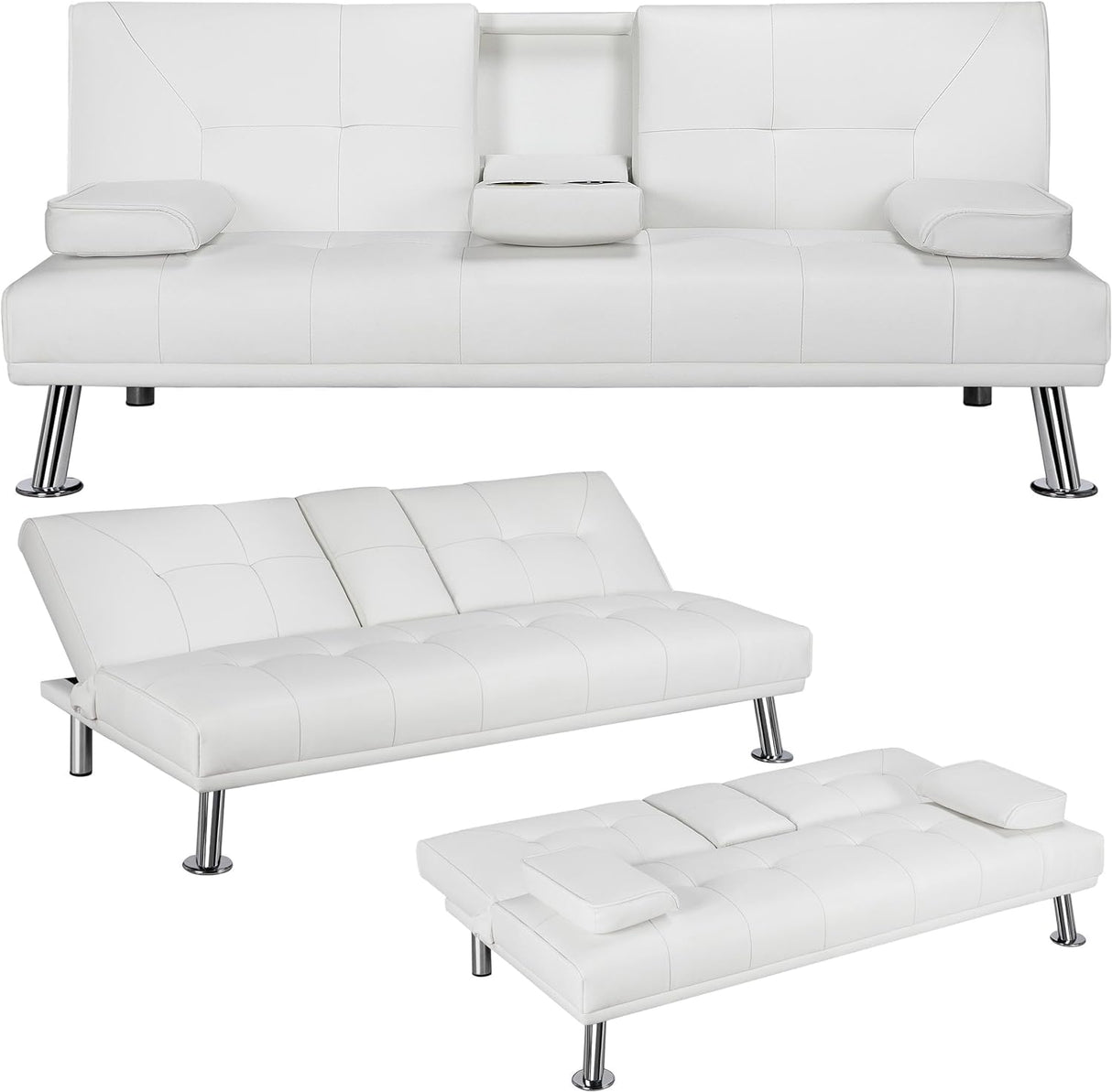 Futon Sofa Bed Modern Folding Couch for Small Space, Faux Leather Convertible Loveseat Sleeper Bed Daybed Recliner Lounge Sofas for Living Room,2 Cup Holders,Metal Legs,Removable Armrests (White) Anwick