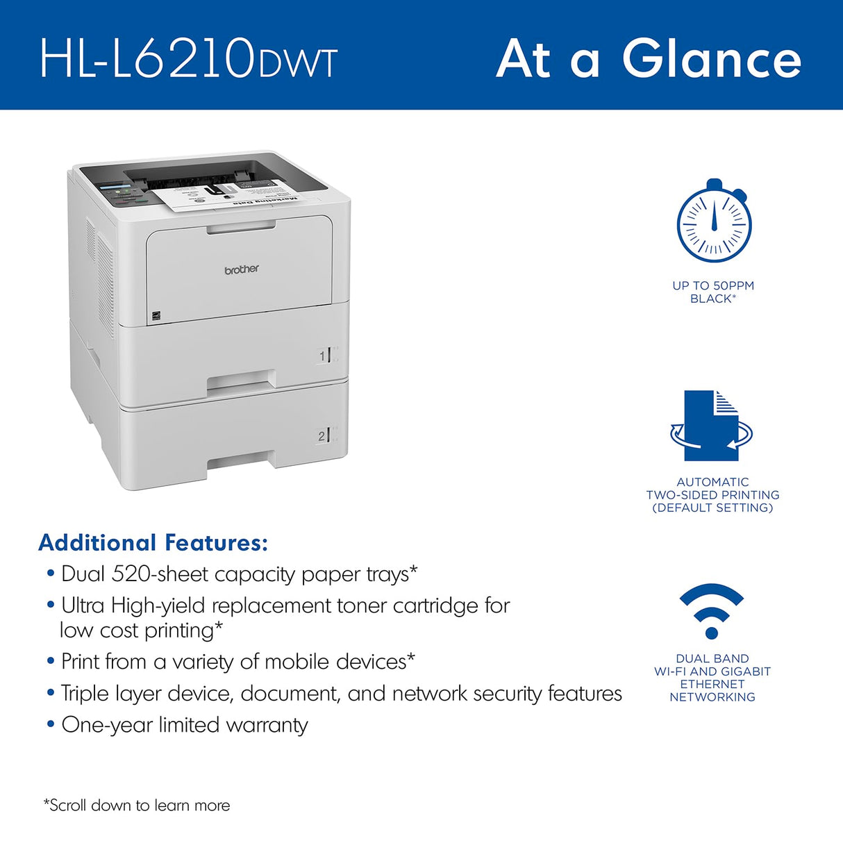 Brother HL-L6210DWT Business Monochrome Laser Printer with Dual Paper Trays, Wireless Networking, and Duplex Printing, White Brother
