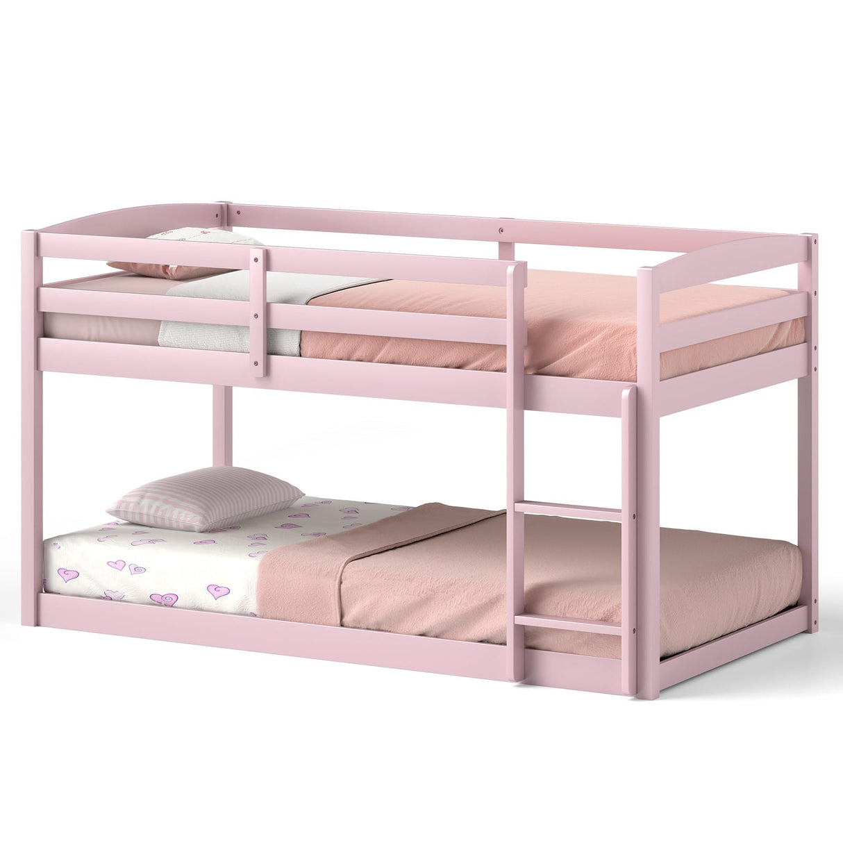 KOMFOTT Low Bunk Bed Twin Over Twin, Solid Wood Bunk Bed Frame with Built-in Ladder & Safety Guardrails, Space-Saving Low Bunk Bed for Kids, Teens, No Box Spring Needed KOMFOTT