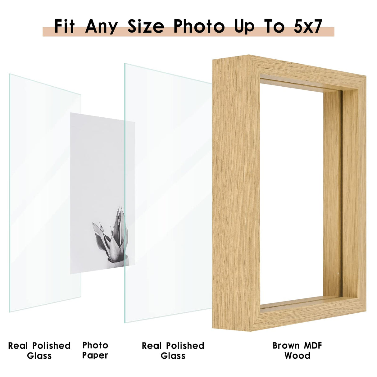 MUYE 5x7 Floating Frame Set of 2,Double Glass Rustic Photo Frame for Wall Hanging or Tabletop Standing,Also Display 4x6 or 3x5 Photo for Floating Effect,Natural MUYE