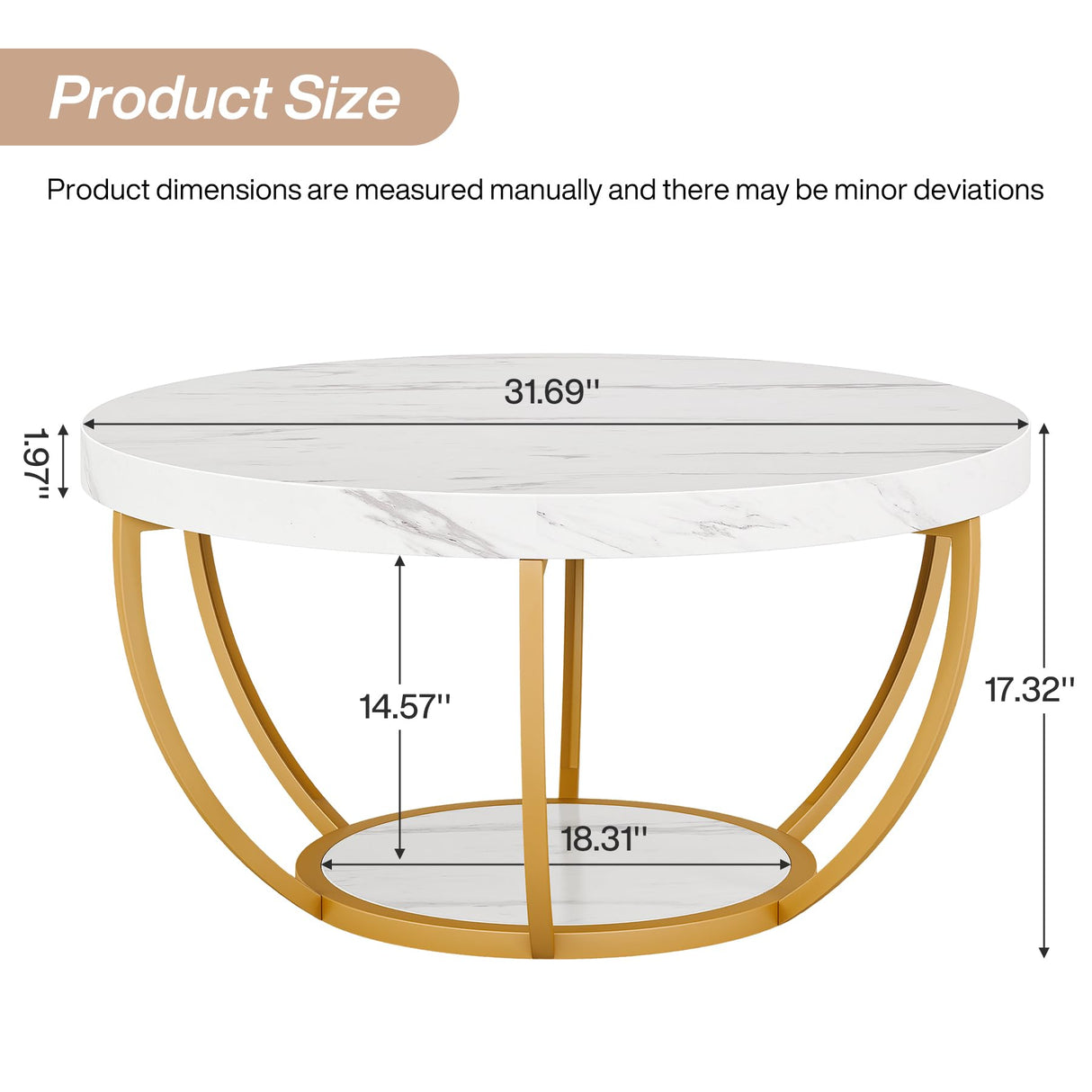 Tribesigns Modern Round Coffee Table, 2 Tier Coffee Table with Faux White Marble and Golden Metal Legs, Circle Center Table Tea Table Accent Furniture for Living Room, White and Gold Tribesigns