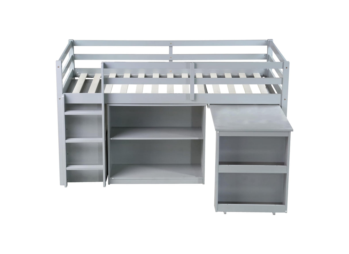 PVWIIK Twin Size Low Loft Bed with Desk & Storage Drawer for Kids,Wood Twin Loft Bed with Shelf,Space Saving,No Box Spring Needed,Grey PVWIIK