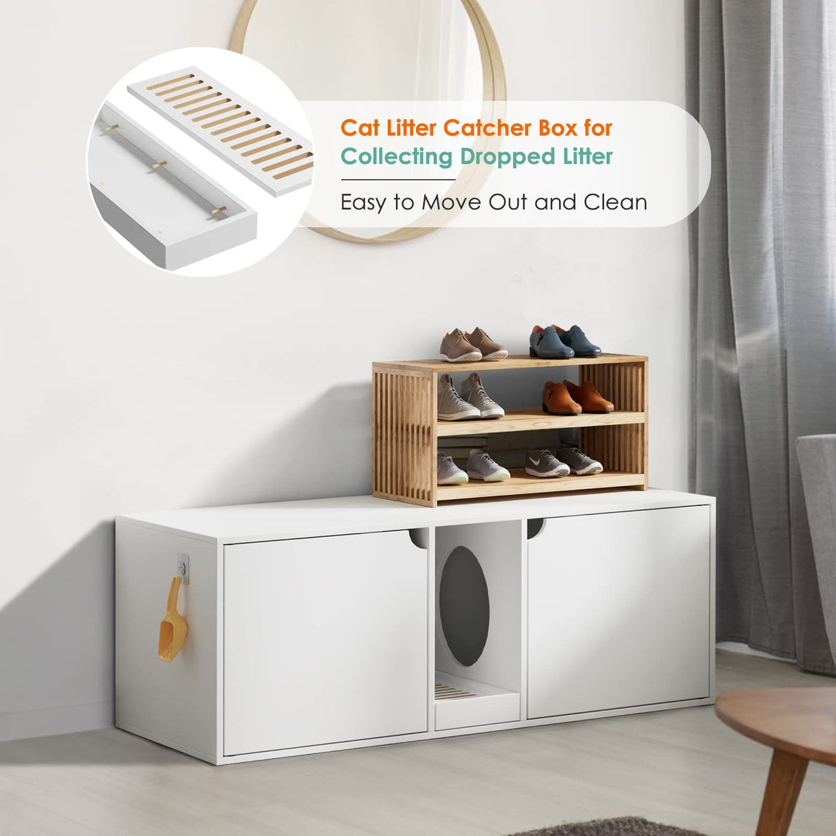 DAWNSPACES Cat Litter Box Enclosure for 2 Cats, Modern Wood Stackable Large Cat Washroom Storage Cabinet Bench End Table Furniture,with Removable Litter Box, White DAWNSPACES