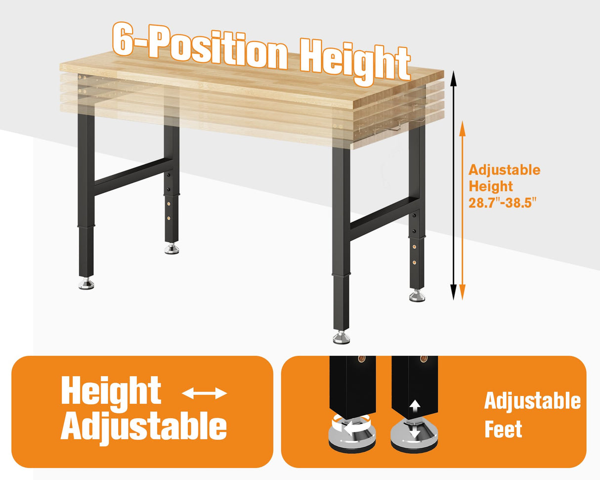 Jocisland Adjustable Workbench with Power Outlets, 2000 Lbs Capacity Rubber Wood Top Work Benches for Garage, Workshop, Office Jocisland