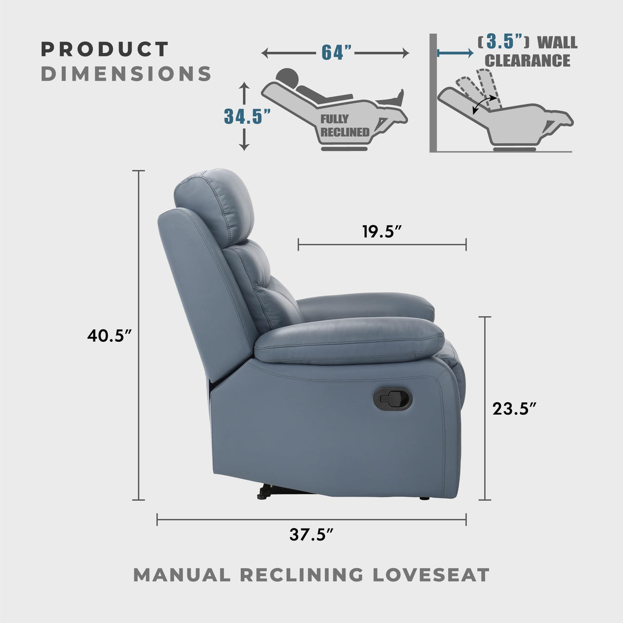Lexicon 64" W Manual Reclining Loveseat, Top Grain Leather Match Reclining Love Seat, Home Theater Seating, Wall Hugger Recliner Couch, Manual Double Recliner RV Couch for Living Room, Blue Lexicon