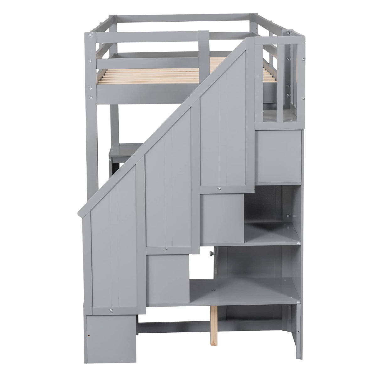 SOFTSEA Twin Size Loft Bed with Desk, Stairs, and Storage - Solid Wood Grey Design SOFTSEA