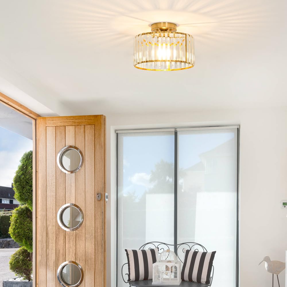 Crystal Ceiling Light Fixture, Modern Semi Flush Mount Ceiling Light, Gold Hallway Lighting Fixtures Chandelier for Kitchen, Close To Ceiling Light Fixtures for Entryway Bedroom, 1-Light, 11Inch Lxybcce