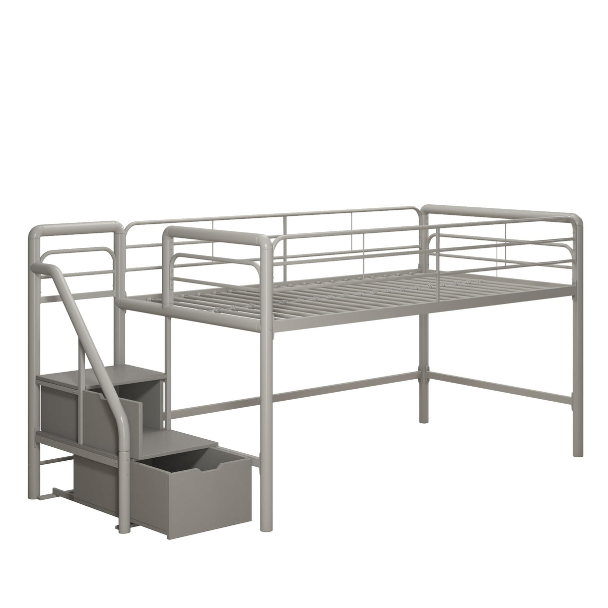 DHP Junior Twin Metal Loft Bed with Storage Steps, Multifunctional Space-Saving Solution - Silver with Gray Steps DHP