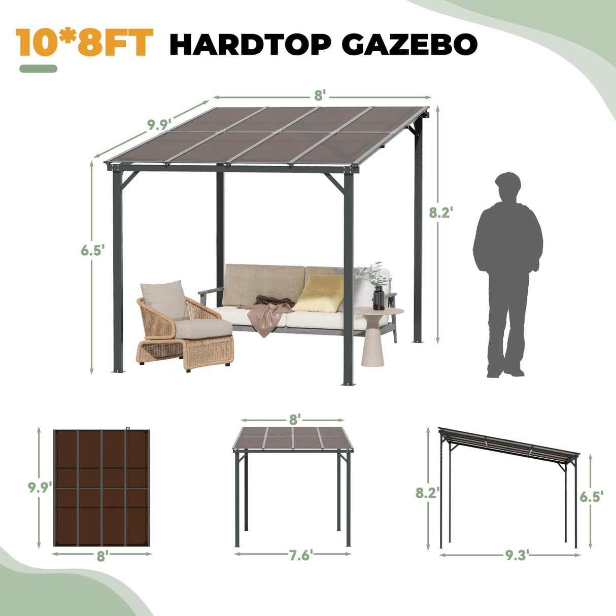 Yalissey 10'×8' Patio Gazebo with Waterproof Fuzzy Strip, Outdoor Gazebo with Innovative Base Support, Wall Mounted Gazebos Pergola with Roof for Backyard, Decks, Garden Yalissey