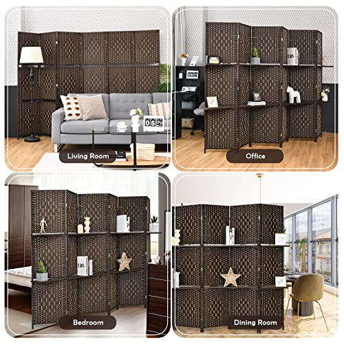 Giantex 6Ft 6 Panel Room Divider with Shelves, Freestanding Hand-Woven Rattan Folding Privacy Screens for Room Separation, Wooden Partition Room Divider Wall for Home Office Studio Separator Giantex