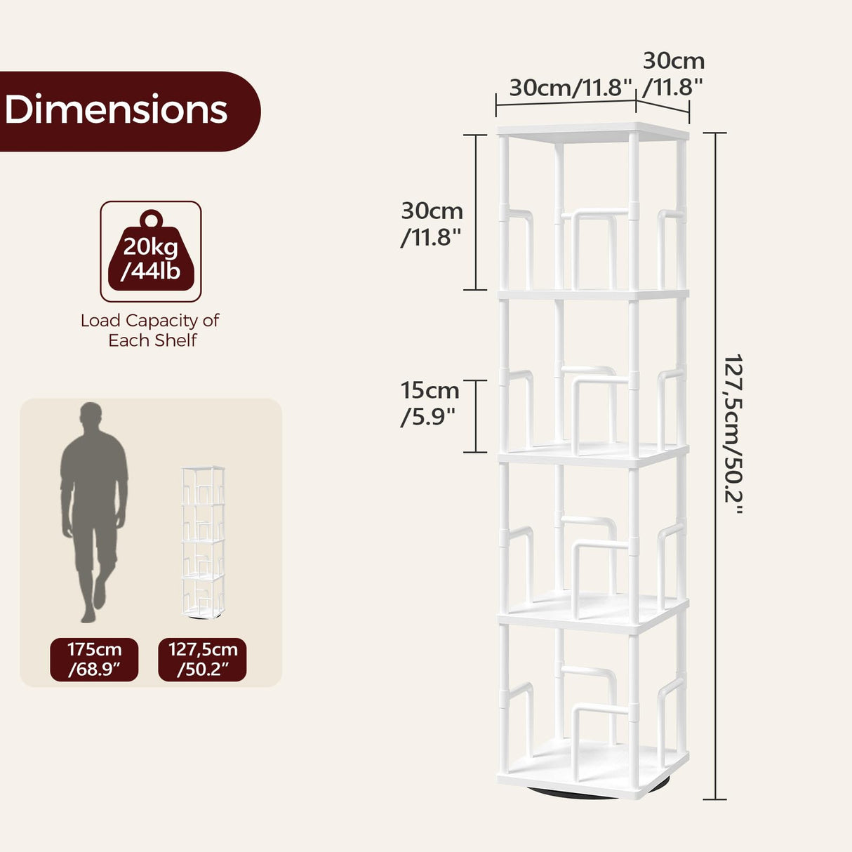 MAHANCRIS 4-Tier Rotating Bookshelf, Freestanding Corner Bookshelf, 360° Spinning Bookcase, Industrial Style Storage Rack with Rails, for Living Room, Bedroom, Study, White BKWT1501 MAHANCRIS