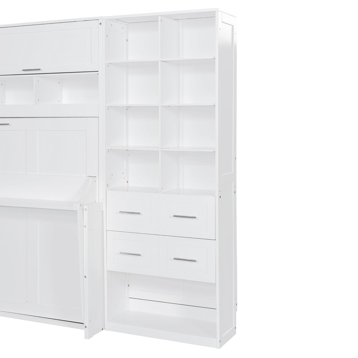 SOFTSEA Full Size Murphy Bed with Desk, Horizontal Murphy Bed with Storage Wardrobe Drawers and Shelves, Hidden Wall Bedframe for Guest Room, Bedroom, Office, White SOFTSEA