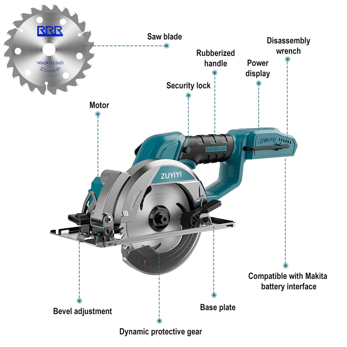 ZUYIYI 5-1/2" Cordless Circular Saw for Makita 18V Battery, Brushless 6600RPM Max Cutting Depth 2" (90°), Compact Tile Saw for Wood, Tile, Soft Metal, Plastic Cutting (NO Battery) ZUYIYI