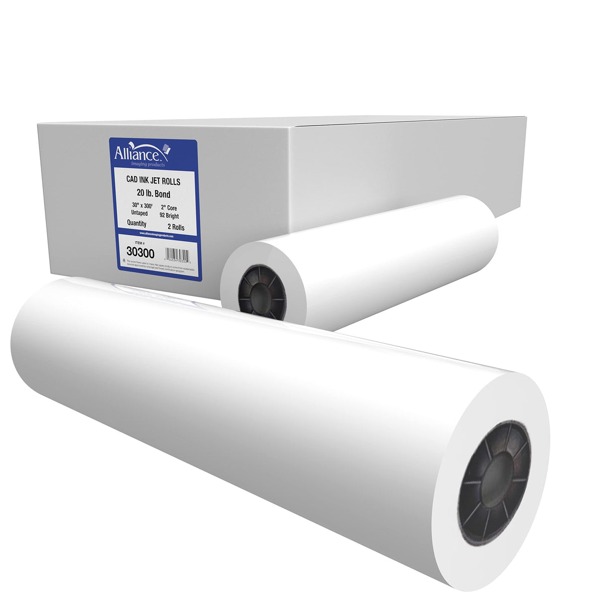 Alliance Wide Format Paper Rolls CAD Bond 30" Widths (2 Rolls, 30 In x 300 Ft | 2" Core) Alliance