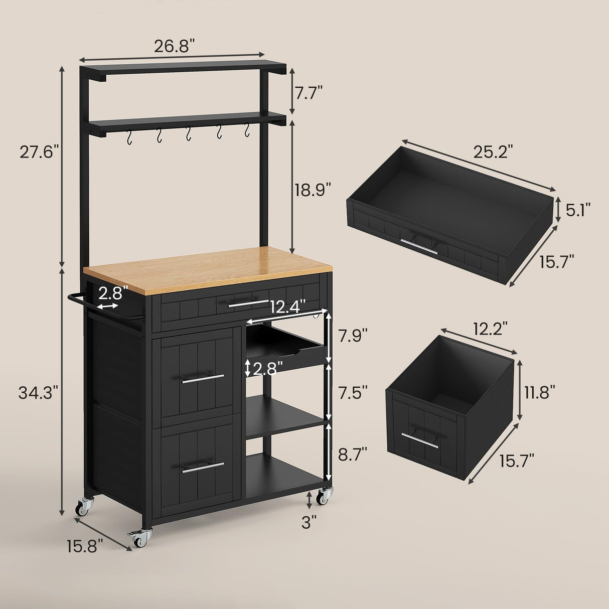 Itaar Kitchen Island with Storage, Rolling Kitchen Island Cart with Shelves and Drawers, Towel Rack, 8 S Hooks, Kitchen Cart on Wheels, for Home, Dining Room, Black Itaar
