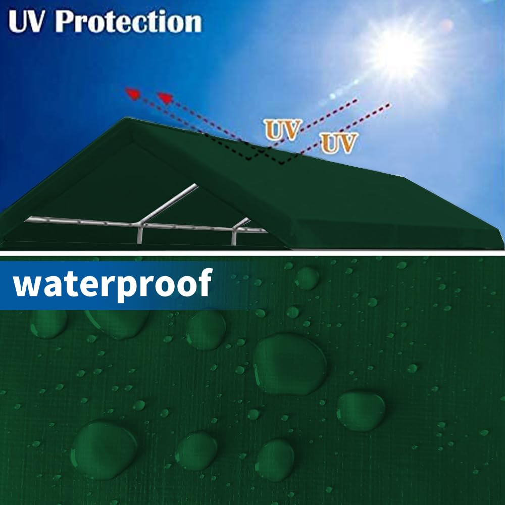 Rutile 12 x 20 FT Carport Replacement Cover, Heavy Duty Car Tarp Canopy Tent Replacement Top w/Ball Bungees Green (Only Top Cover, Frame is not Included) Rutile