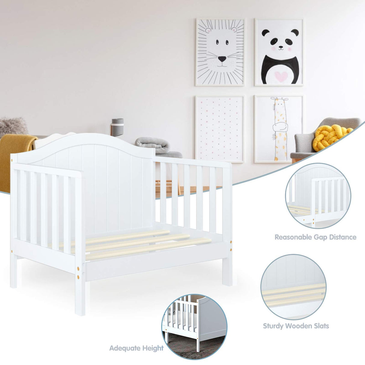 Costzon 2 in 1 Convertible Toddler Bed, Classic Wood Kids Bed w/2 Side Guardrails, Footboard for Extra Safety, Children Bed Frame Convert to Two Chairs/Sofa/Cribs, Gift for Boy Girl (White) Costzon