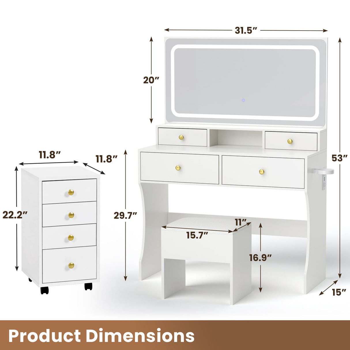 Pamapic Vanity Desk with File Cabinet, 8 Drawers Makeup Vanity with Mirror and Lights,3 Lighting Modes Dressing Table with Chair, Power Outlet, Silent Slides, White Pamapic