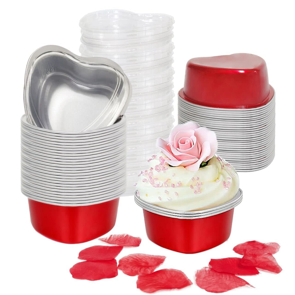 Heart Shaped Cake Pans for Baking with Red Petals, BLVRYVIO 50 Sets Aluminum Cupcake Cups with Lids, 100 ml/ 3.5 Ounces Red Disposable Mini Foil Pans for Valentine's Day Wedding Parties BLVRYVIO