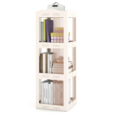 Giantex Foldable Rotating Bookshelf, 3-Tier Spinning Bookcase w/Swivel Base, 360° Revolving Bookshelf Tower, Tall Corner Display Shelf, Translucent Storage Organizer for Living Room, Study
