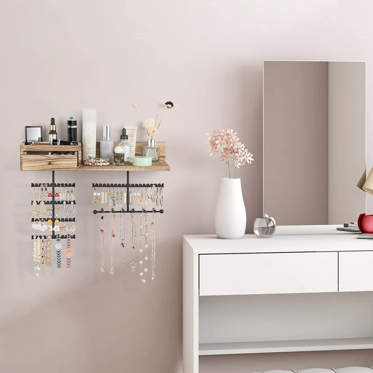 VINAEMO Jewelry Organizer Hanging Wall Mounted Jewelry Holder with Rustic Wood Drawer & Large Capacity Storage Shelf Rack Display for Earrings Rings Necklaces Bracelet VINAEMO