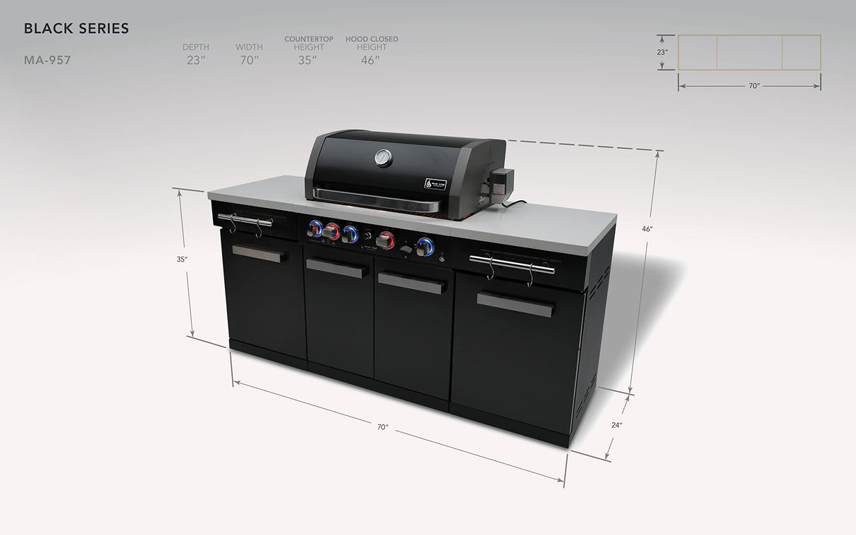 Mont Alpi MA-957 32-inch 5 Burner 63000 BTU Black Stainless Steel Compact Outdoor Kitchen Island Barbecue Grill with Grill Cover & Rotisserie Kit + Storage Cabinets and White Granite Countertops Mont Alpi
